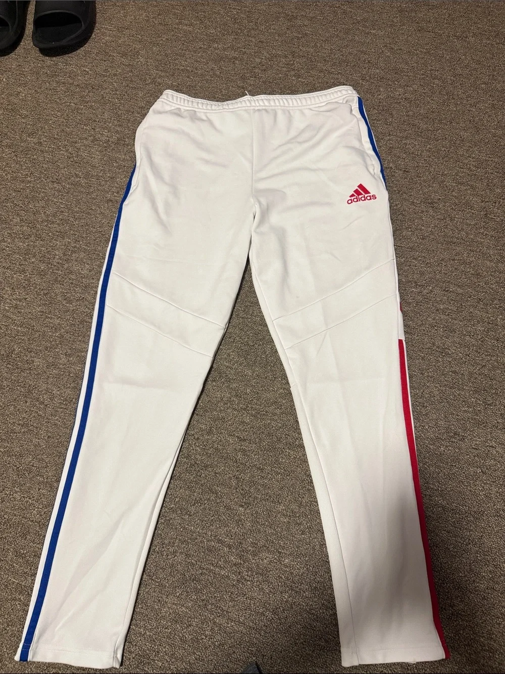 adidas White Track Joggers with Blue & Red Side Stripes